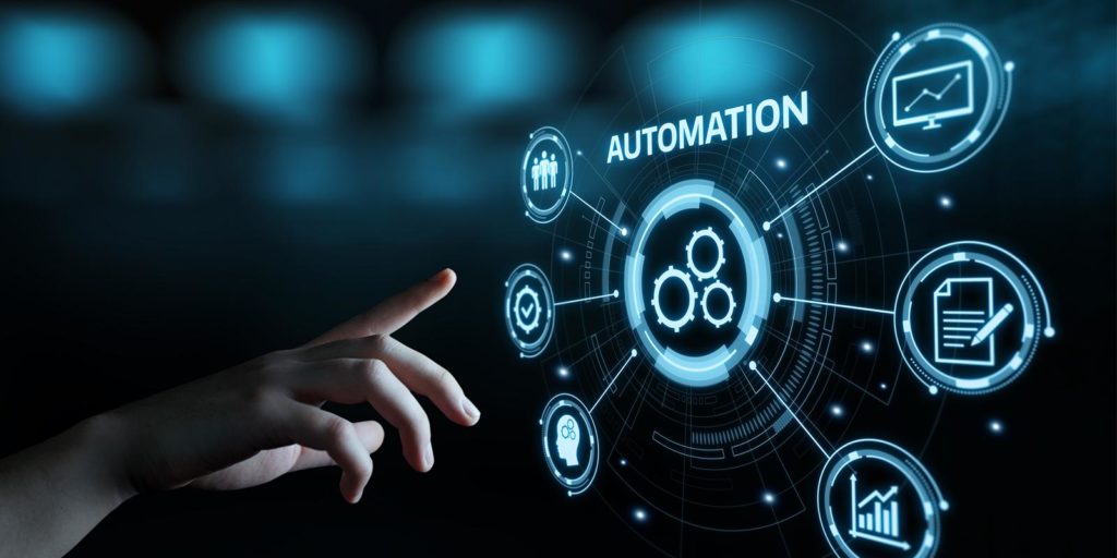 Benefits of marketing automation displayed on a digital touch screen.