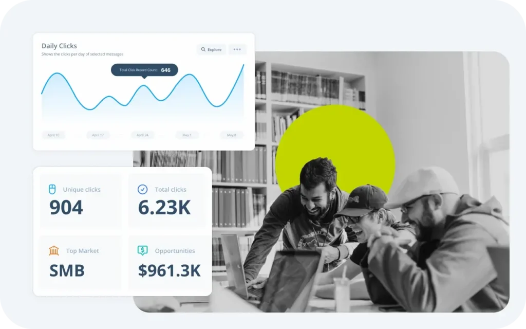 A team gathers around laptop running marketing analytics software, with graphs and data illustrated in collage style.