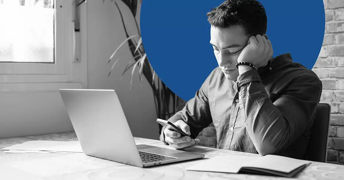 Frustrated man trying to get off an email blocklist.